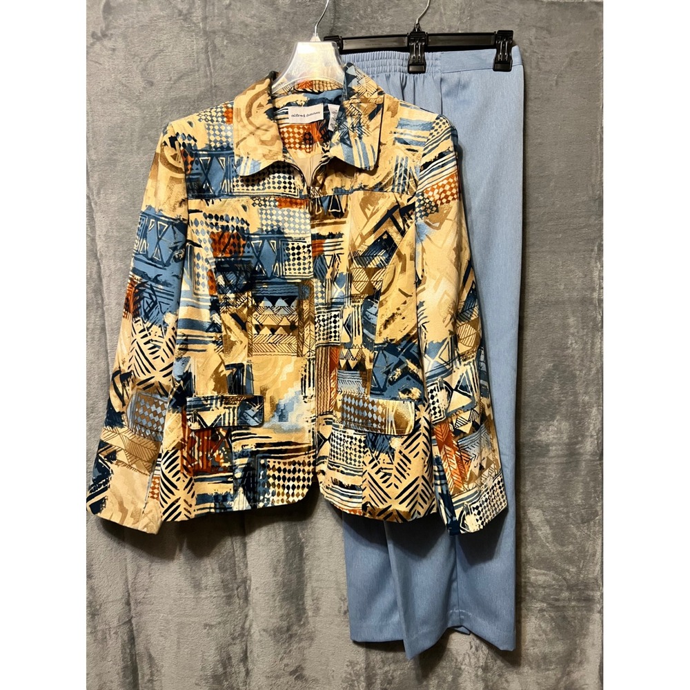 Alfred Dunner Petite NWT Romance Jacket Pants Set Size 12/14 Short‎ Blue Beige